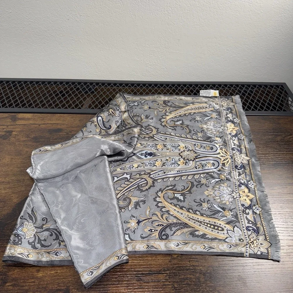 Vintage Talbots 100% Silk Paisley Scarf Shawl Gray Gold Blue Fringe Wrap 16x60